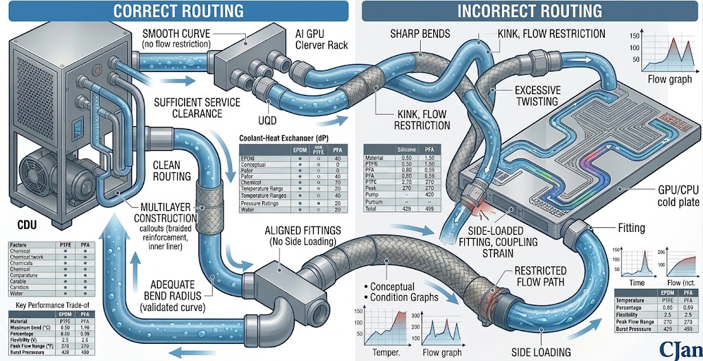 Correct and incorrect liquid cooling hose routing in an AI data center